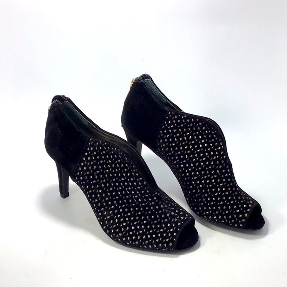 Alfani Keelise Faux Suede Black & Gold Peep Toe Booties 7
